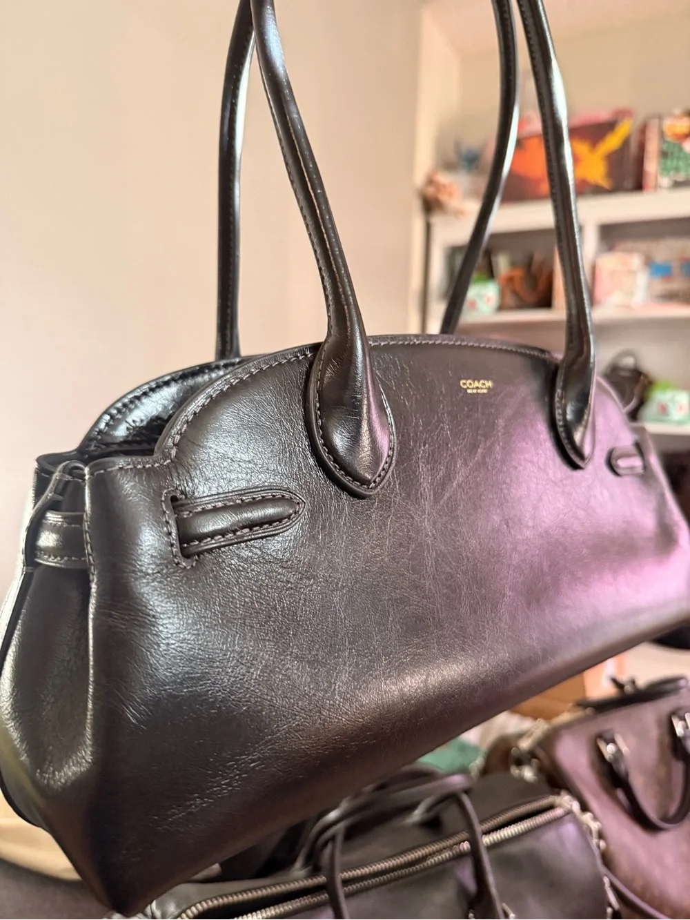 Coach Empire 34 Black Leather Double-Handle Satchel with Gold Log